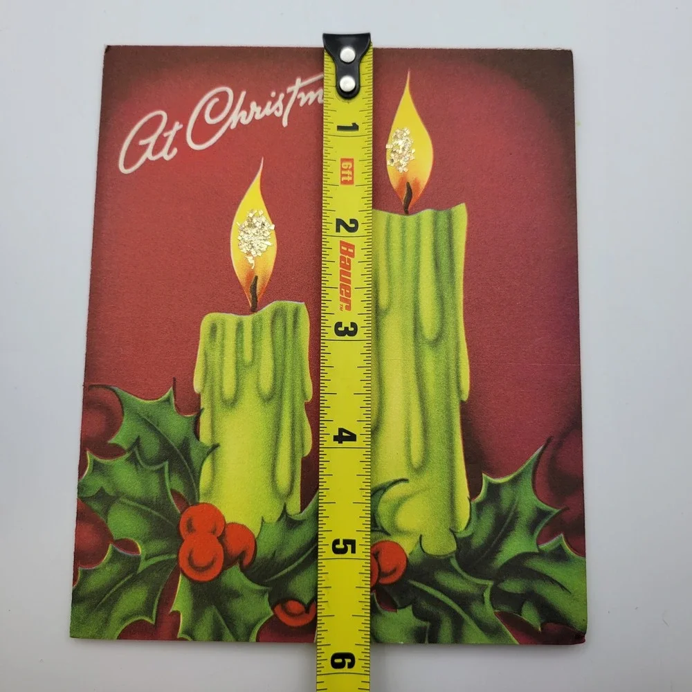 Vintage At Christmas Card‎ Candles Holly Berries Gold Glitter Made in USA